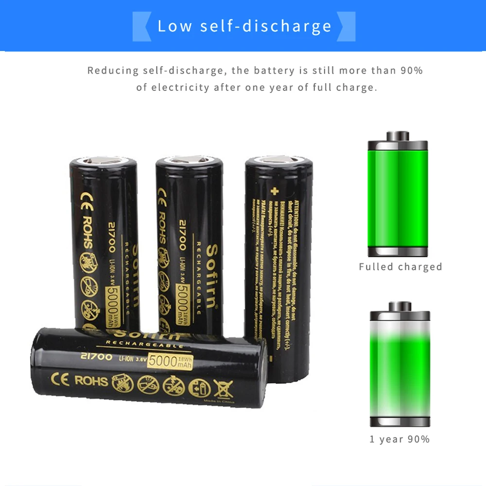 Sofirn 21700 5000mAh Flat Head 3.7V 48A 10C Discharge HD Cell Lithium Reall Capcaity