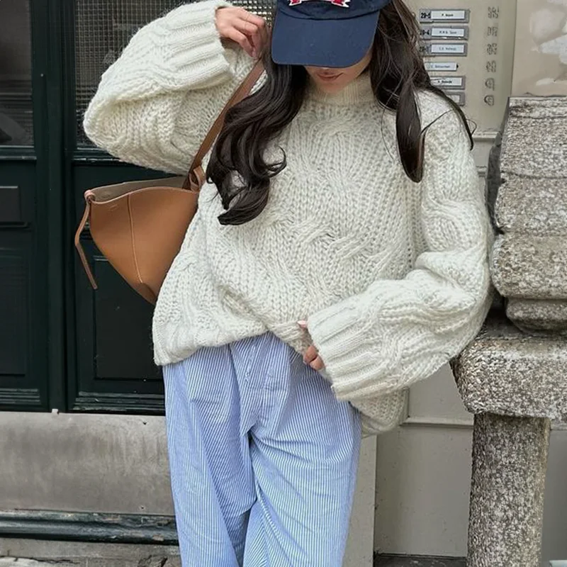 

Women's Cream Chunky Knit Sweater Oversized Mock Neck Loose Fit Casual Pullover