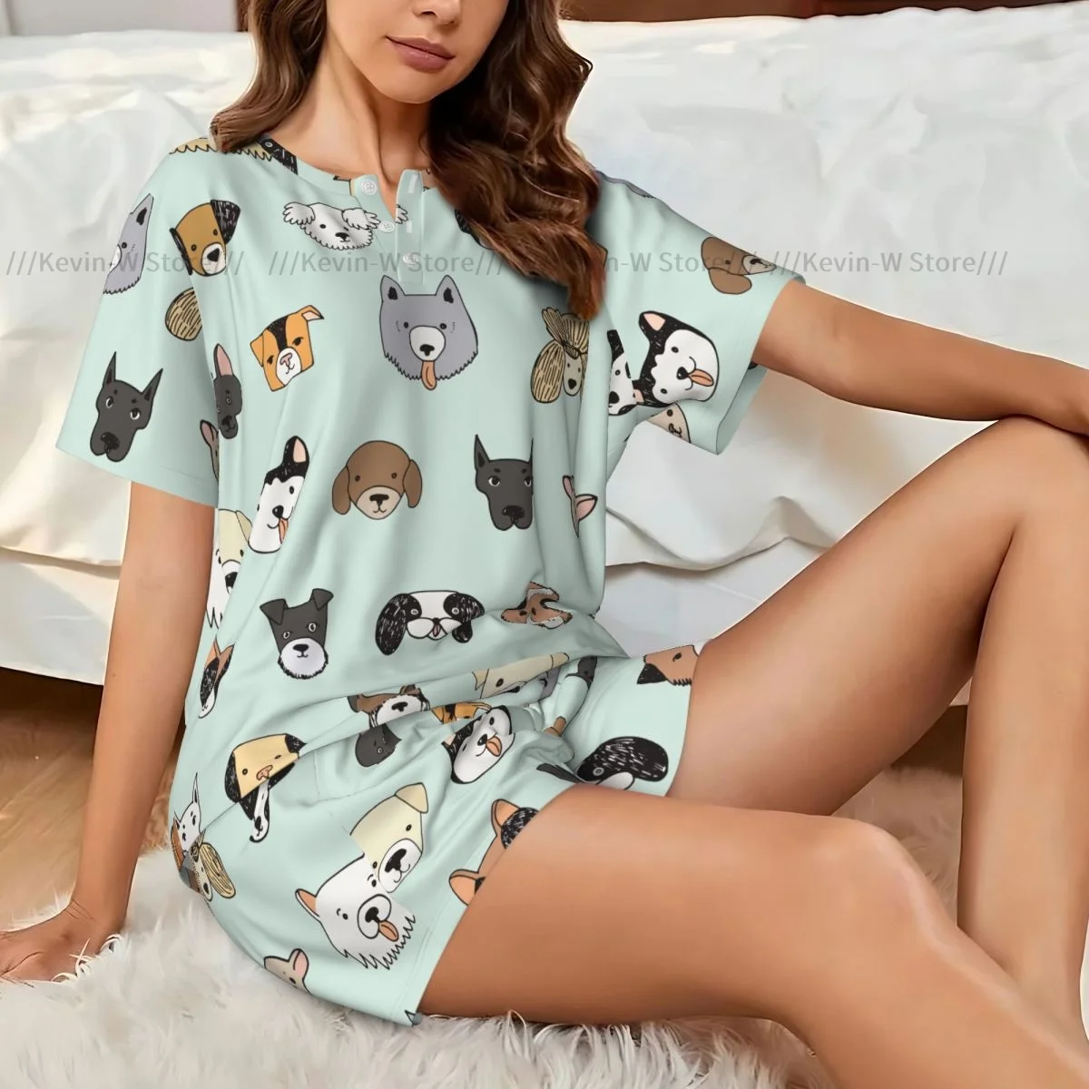 

Women's Pajamas Short Sleeves Cartoon Dog Face Funny 2 Pieces Female Summer Sleepwear Nightwear Homewear
