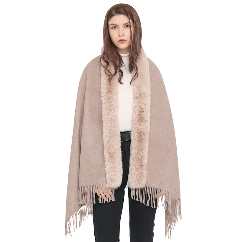 

Winter Imitation Wool Collar Cloak Scarf Dual-purpose Female Imitation Cashmere Shawl Ponchos Lady Capes Cloak Khaki Cardigan