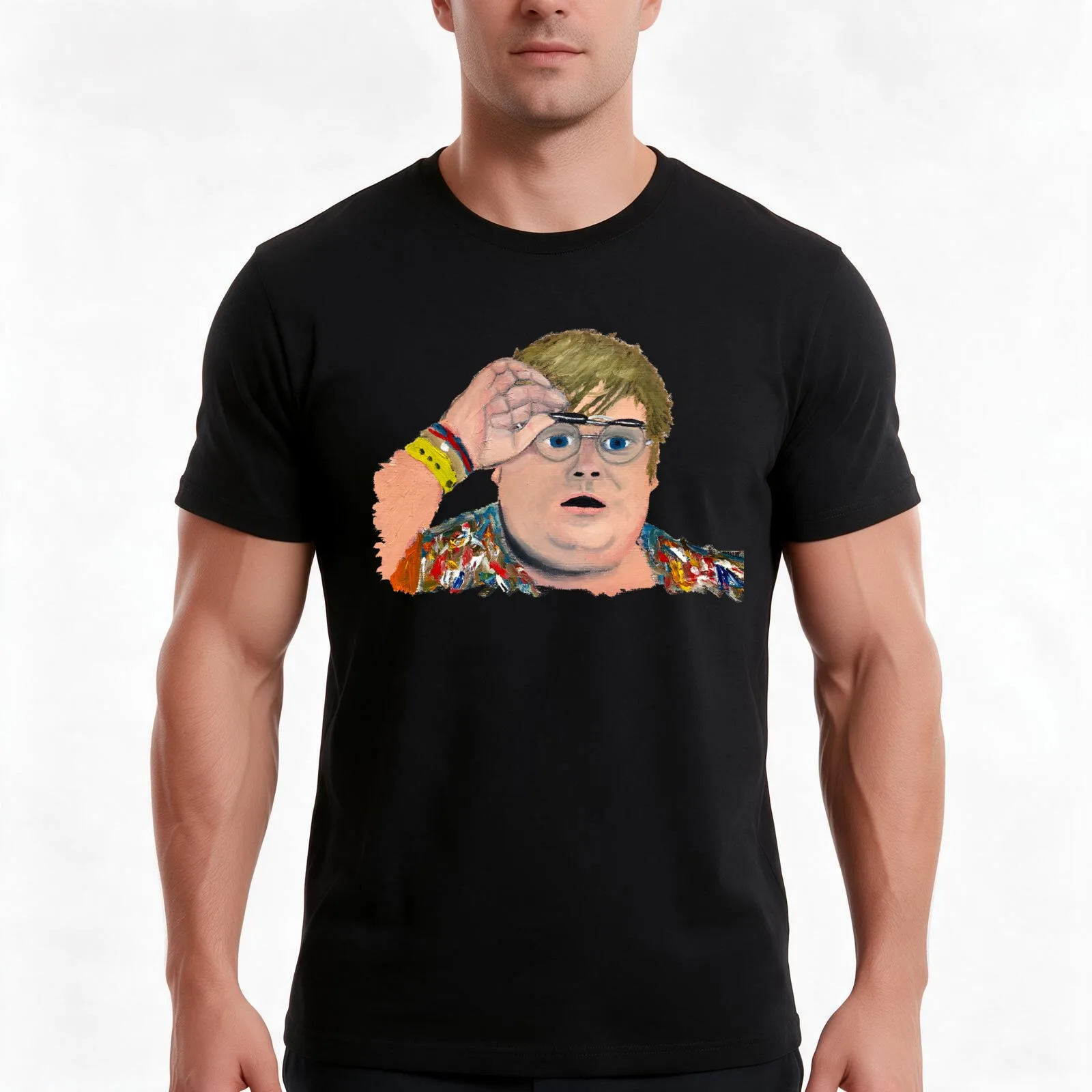 Chubby Man Checks Out the Action - Oil on Canvas T-Shirt, Summer Casual Cotton Tee, Oversized Streetwear Tops, Unisex Men Women