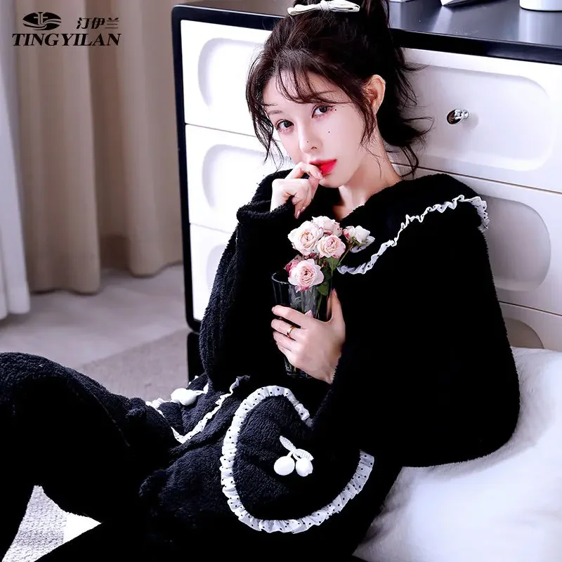 Pajama Pants Set Women's Clothing Winter Coral Flannel Facecloth Outer Wear Thickened Fashion Simple Comfortable Casual Loose