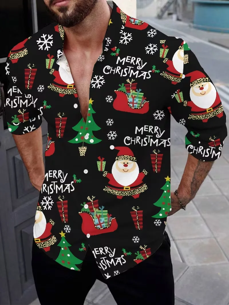 

Новая рождественская мужская официальная рубашка с 3D принтом, рождественская елка, рубашка с длинным рукавом и рисунком Санта-Клауса, модная мужская рубашка