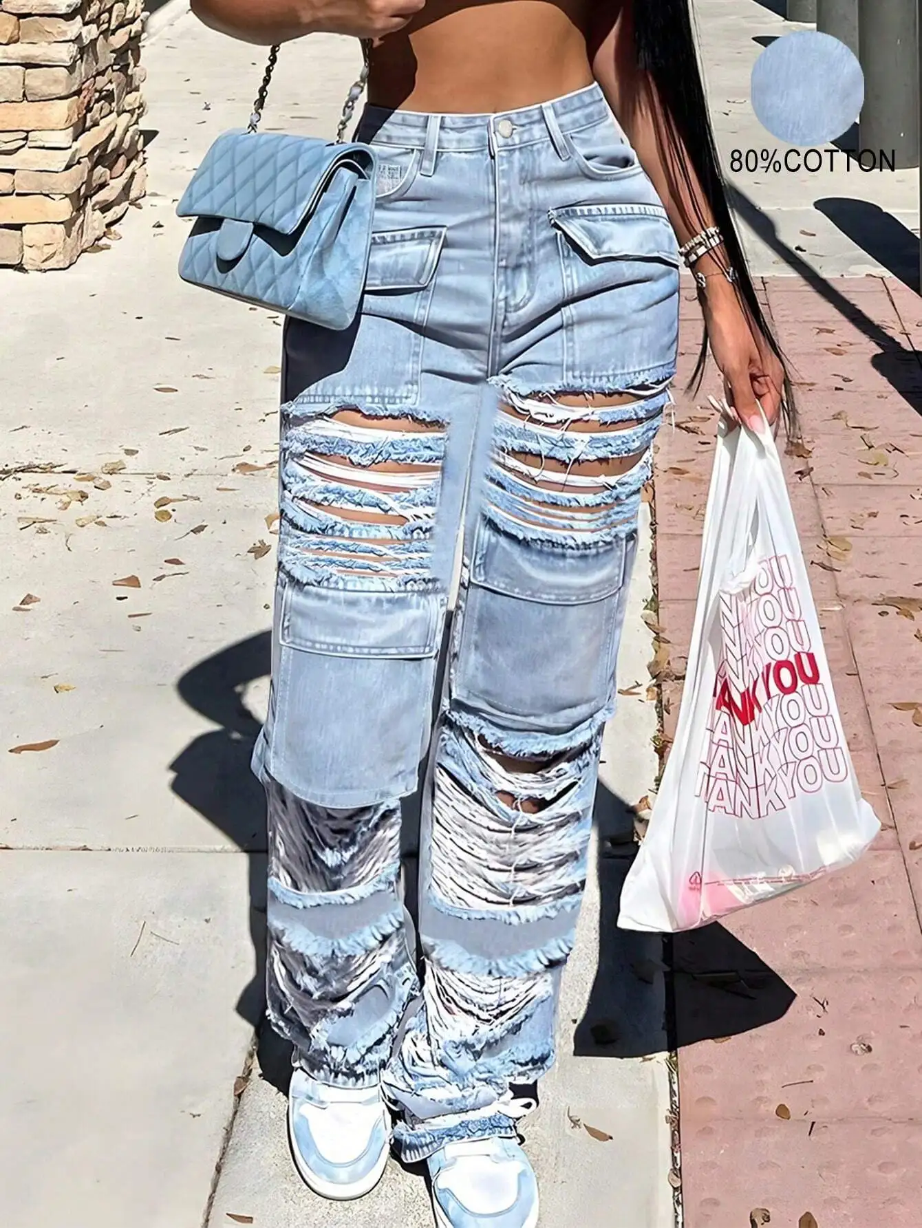 

Джинсы-карго с высокой талией, рваные, с накладными карманами, свободного кроя, для повседневного уличного стиля