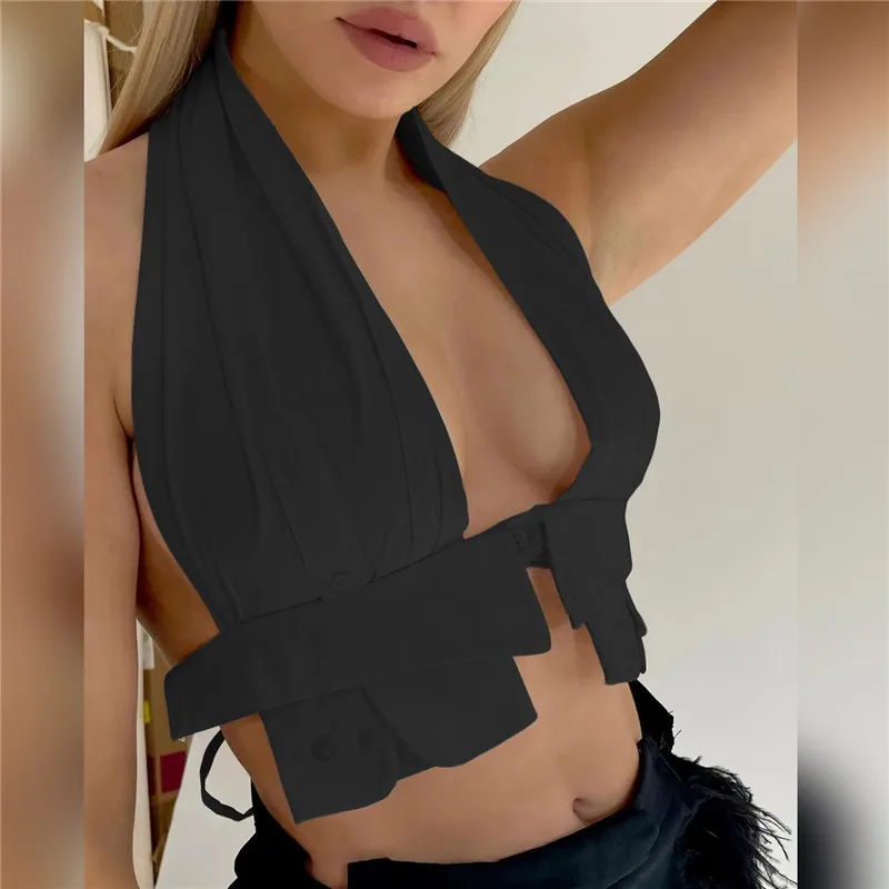 Deep V Neck Halter Crop Top New Summer Backless White Off Shoulder Tanks Black Sexy Party Women Tops Fashion Streetwear Clothes