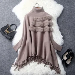 Chic Fringed Cloak Knitted Tassels Pullovers Capes Poncho Shawl Batwing Sleeved Knit Turtleneck Jacket Pashmina Knitwear Jumpers