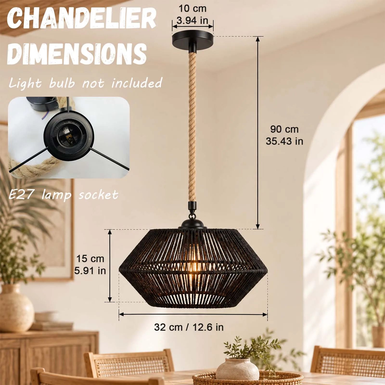 Black Rattan Diamond Pendant Light Open Weave Wicker Shade Jute Rope E27 for Kitchen Island Dining Room
