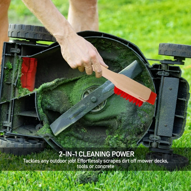 

Сверхмощная щетка для чистки газонокосилки со скребком, эргономичная деревянная ручка, жесткая щетина, эффективный скребок для палубы для ухода за садом