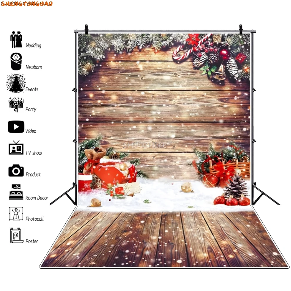 Inverno natal pano de fundo piso de madeira pinho floco de neve estrela decoração da árvore de natal bola vermelha brinquedo do bebê fotografia fundo estúdio foto