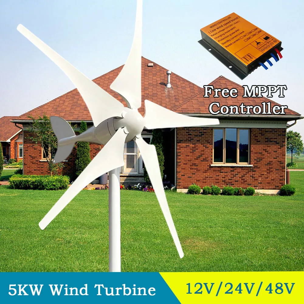 

Fast Shipping 5 Blades Windmill Turbine Generator 5000W 12V 24V 48V With Mppt Hybrid Controller Off Grid Inverter For Home Use