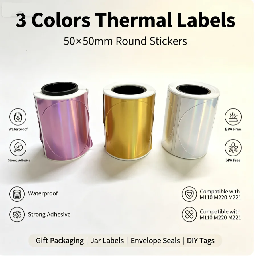 50x50mm Gold Round Thermal Label Stickers 140Pcs Waterproof Oil-proof BPA Free Self-Adhesive Circle Labels for M110 M220 M120 Mi