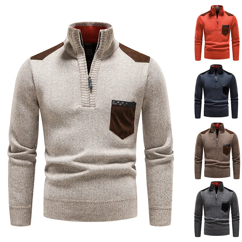 Autunno Inverno Nuovi Uomini di Moda Casual Alla Moda Sottile Lavorato A Maglia Stand Colllare Mezza Cerniera Maglioni A Righe Addensare Maglioni Più Il Formato