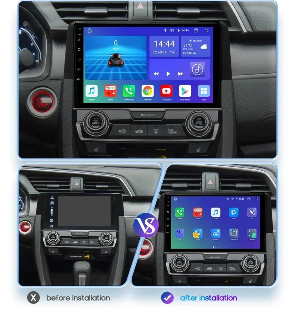 4G Android 14 For Honda Civic 2016 -2019 2020 Car Radio Stereo Multimedia Navigation GPS Video Player DSP Wireless Carplay Auto