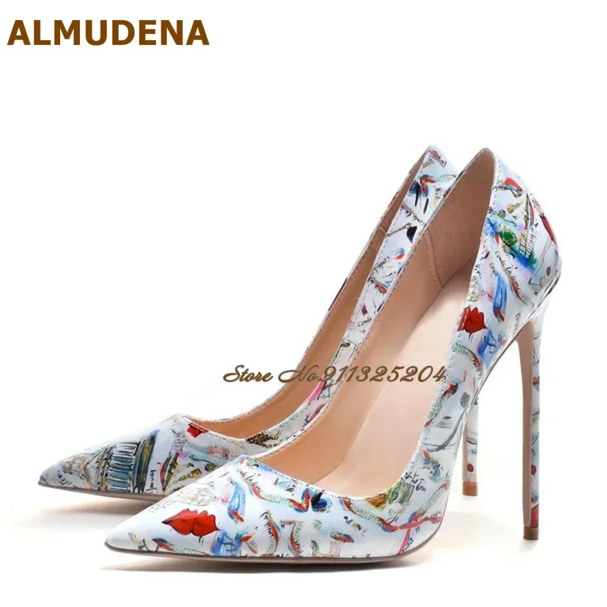 ALMUDENA White Patent Leather Eiffel Tower Red Lips Printed Wedding Shoes 12cm Sky High Heel Pointed Toe Slip-On Banquet Pumps