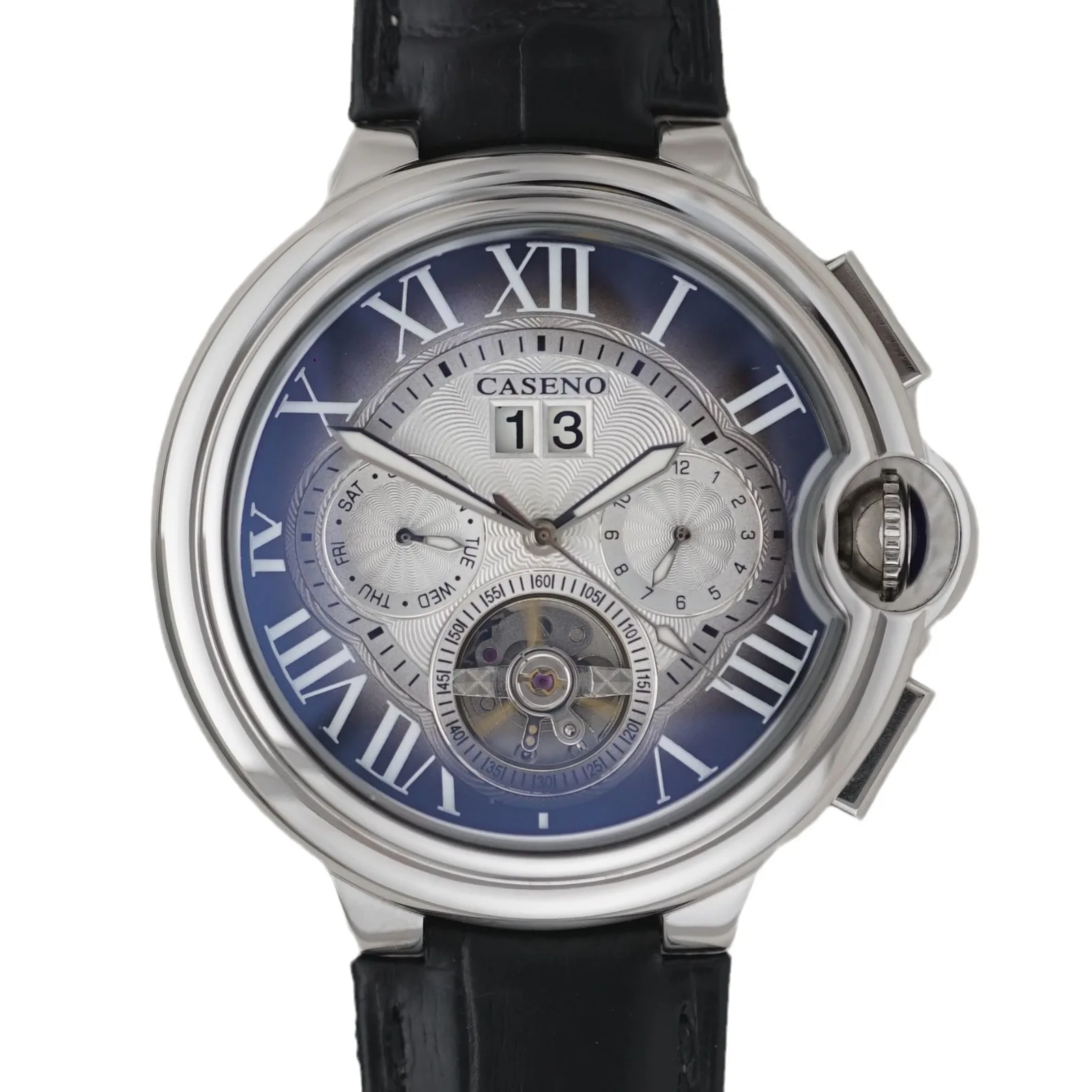 ساعة رجالية فاخرة مجوفة توربيون أوتوماتيكية ميكانيكية للرجال ساعة مقاومة للماء للتاريخ والأسبوع بحزام جلدي ساعات رجالية عصرية