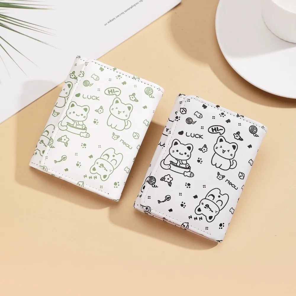 New PU Leather Short Wallet Foldable Cartoon Cat Money Bag Multi-functional Three-Fold Wallet