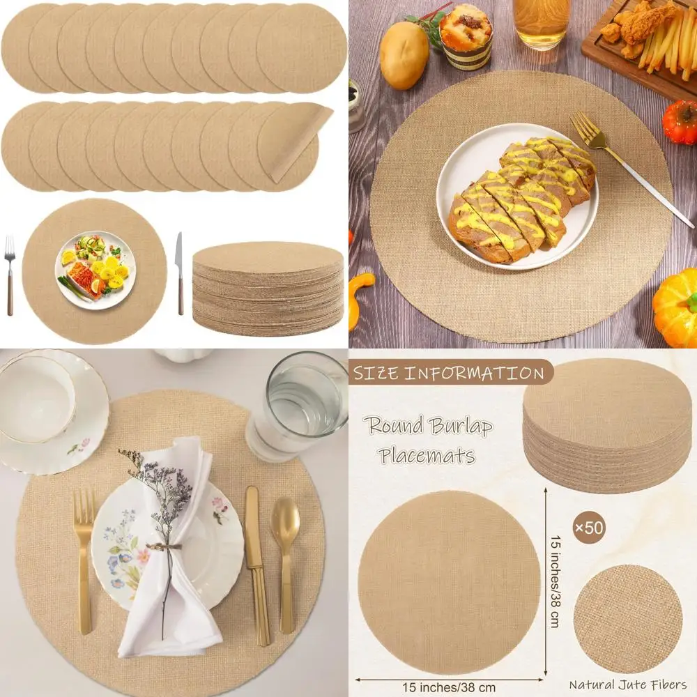 

Reusable 15 Inch Round Burlap Placemats - 50 Pack Natural Jute Fiber Table Mats for Rustic Bulk Table Decor