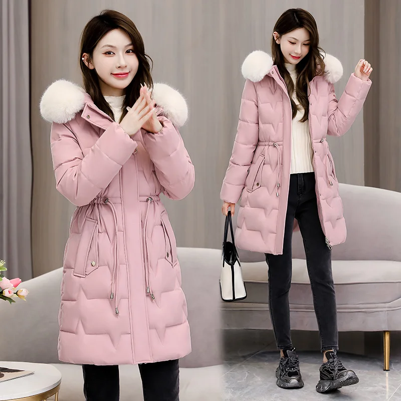 

2024 Winter Women New Korean Down Cotton Coat Female Medium Length Loose Thickened Waistband Slim Cotton Jacket Warm Cardigan