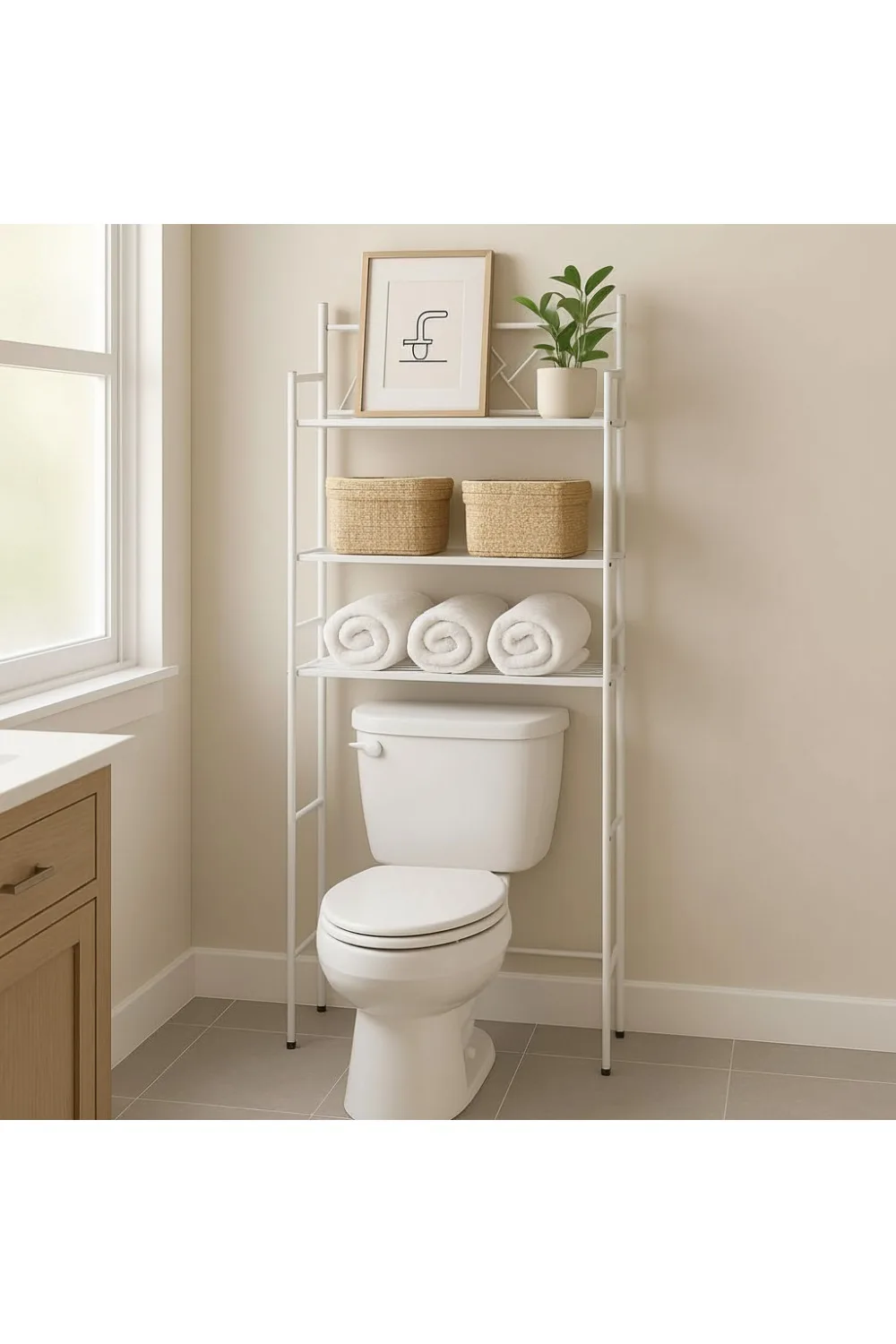 

3-х уровневый органайзер для хранения над унитазом с регулируемыми ножками, отдельно стоящий стальной каркас для предметов первой необходимости в ванной комнате, белый