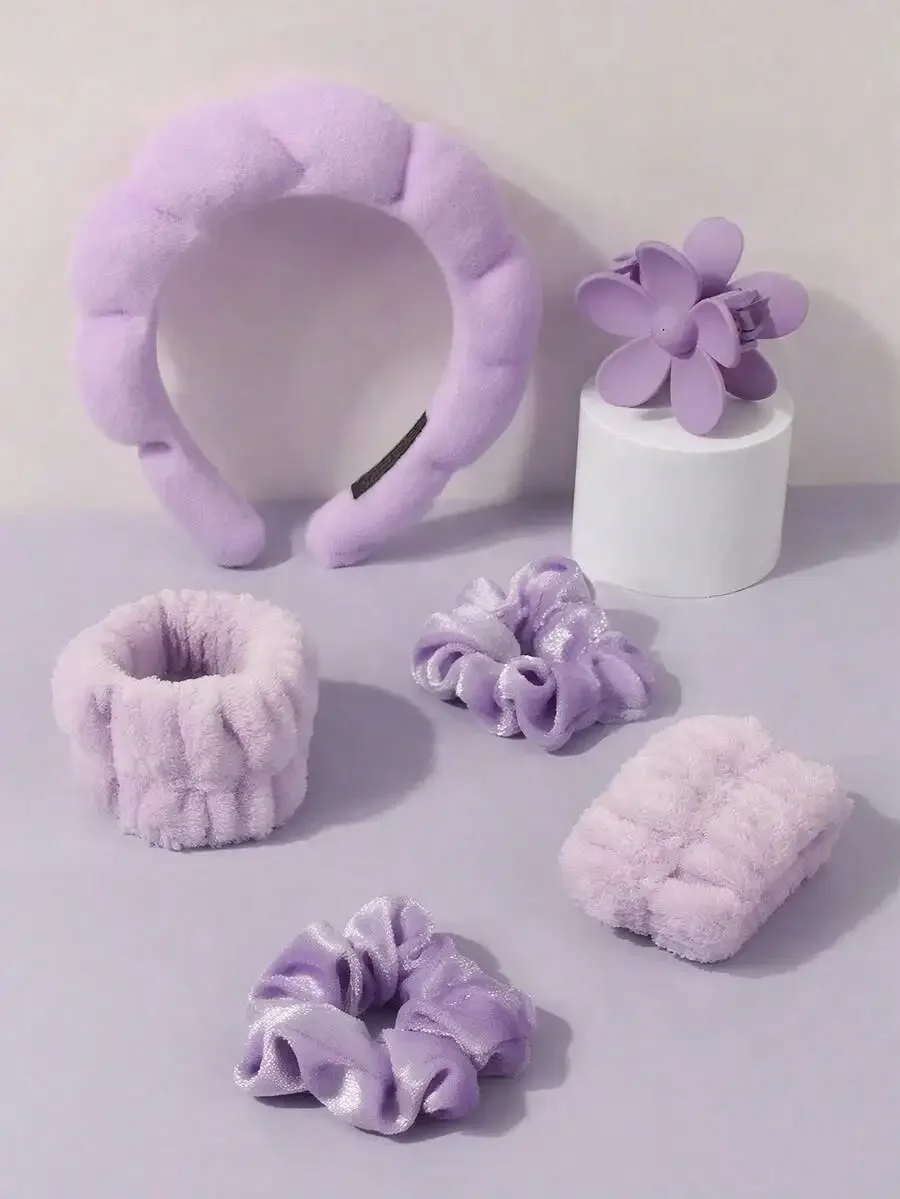 

6pcs Lavender Spa Headband Scrunchies Claw Clips Wristbands For Facial Cleansing Skincare Makeup