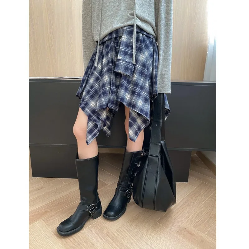 Women Plaid Skirts Knee Lenth Skirt Irregular Hem A Line High Elastic Waist Loose Office Lady Elegant Casual 2025 Spring Autumn