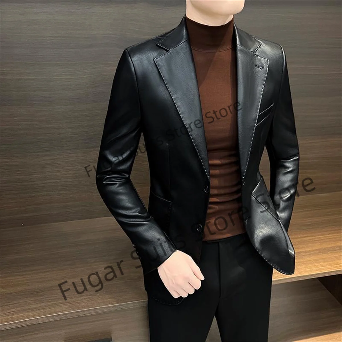 Black Leather Fashion Suits For Men Slim Fit Notched Lapel Groom Tuxedos Formal 2 Pieces Sets Business Male Blazer Costume Homme