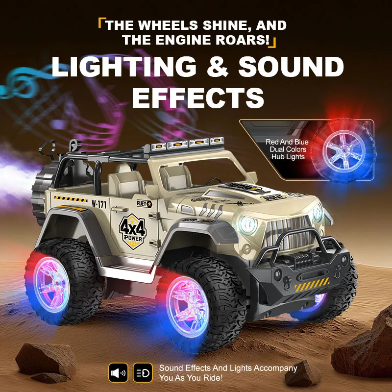 JCMO 1:16 Khaki Remote Control Car DIY Stickers Music Colorful Light Spray Off-road Toy Cars Christmas Gift for Children