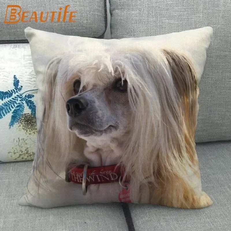 Custom Chinese Crested Dog Pillowcase 45X45cm Wedding Decorative Eco-Friendly Cotton Linen Fabric Pillow Case