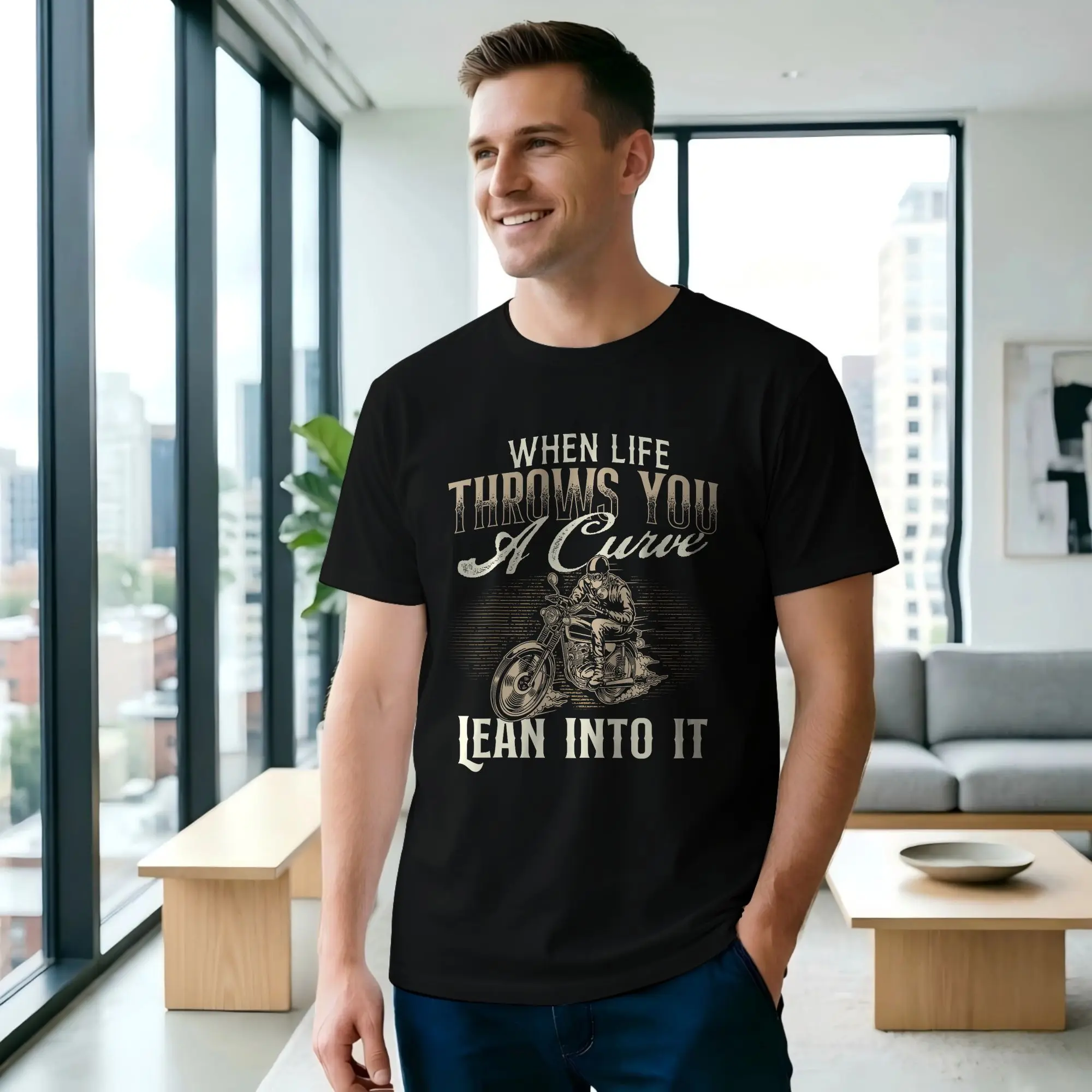 When Life Throws You A Curve Lean Into It Men's T Shirt Motorcycle Cool Tees Short Sleeve Crew Neck Pure Cotton Graphic Tops