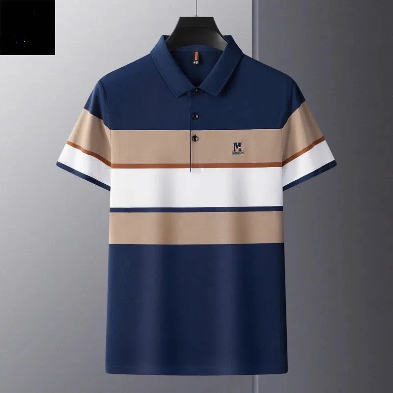 Striped Pure Cotton Brand Short-sleeved T-shirt Men's Polo Shirt R Embroidery Trend