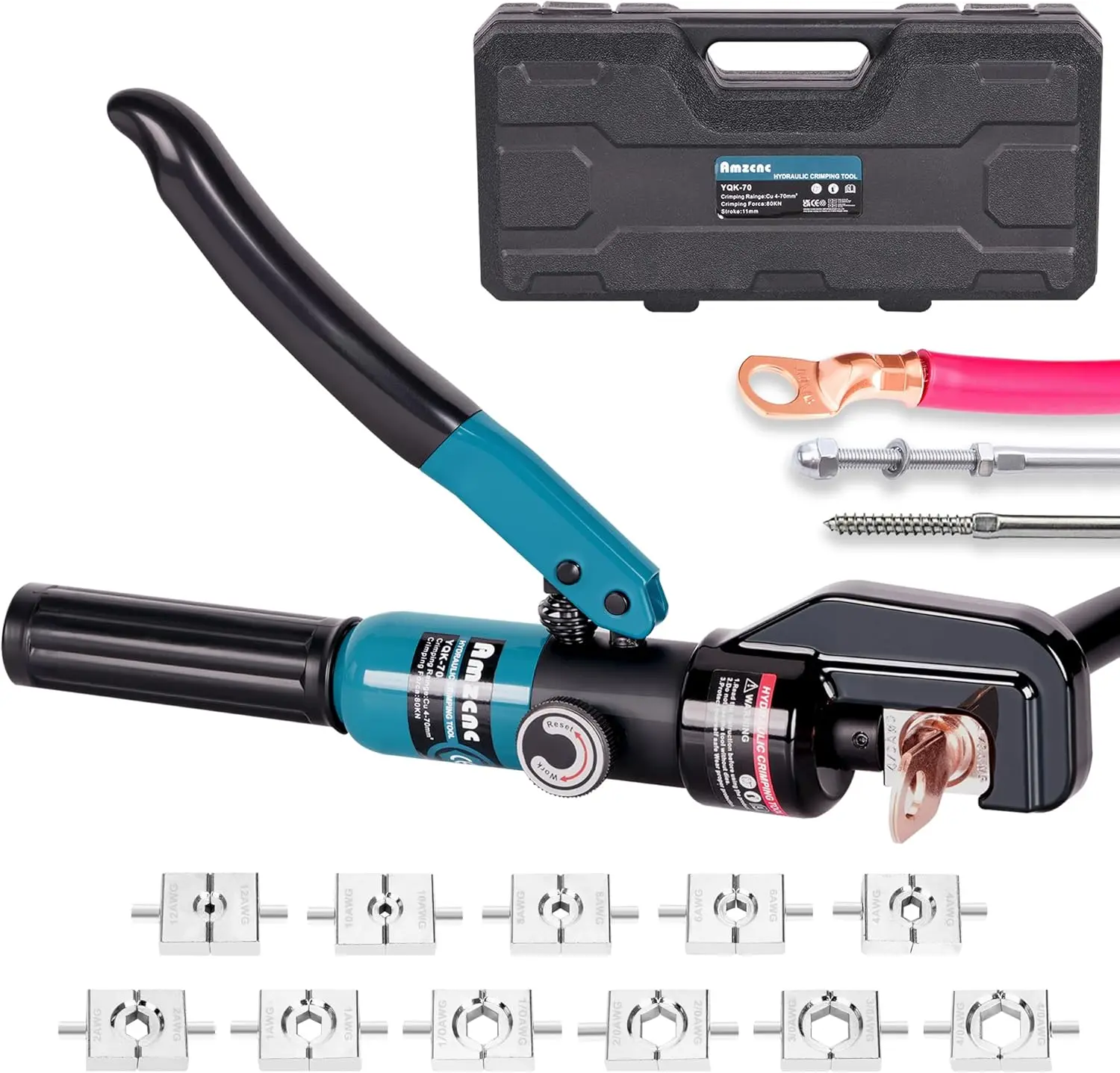 Hydraulic Crimping Tool 10-Ton with 11 US Hex Dies for Battery Cables Electrical Lugs Copper Aluminum Cable Professional Grade