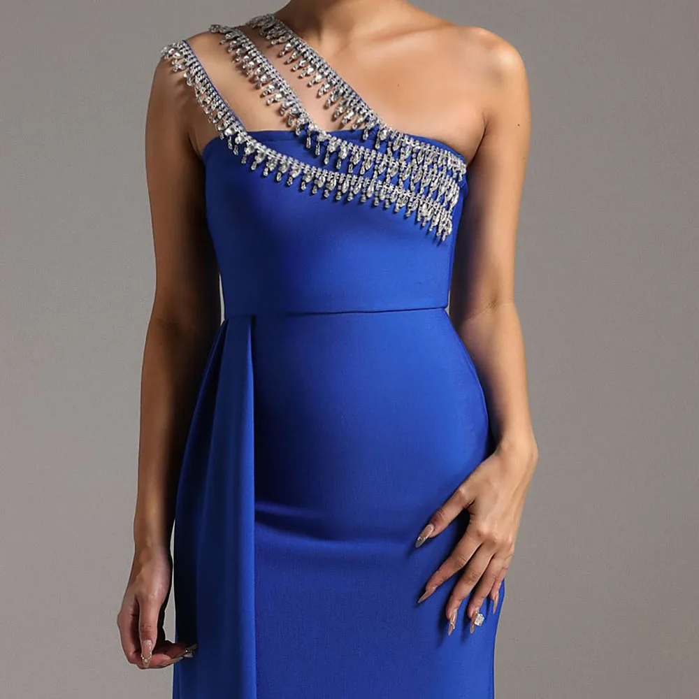 

Customized A-Line Evening Dresses Tea-Length One-Shoulder Sleeveless Prom Gown Fashion Crystal Simple Draped Backless Party Gown