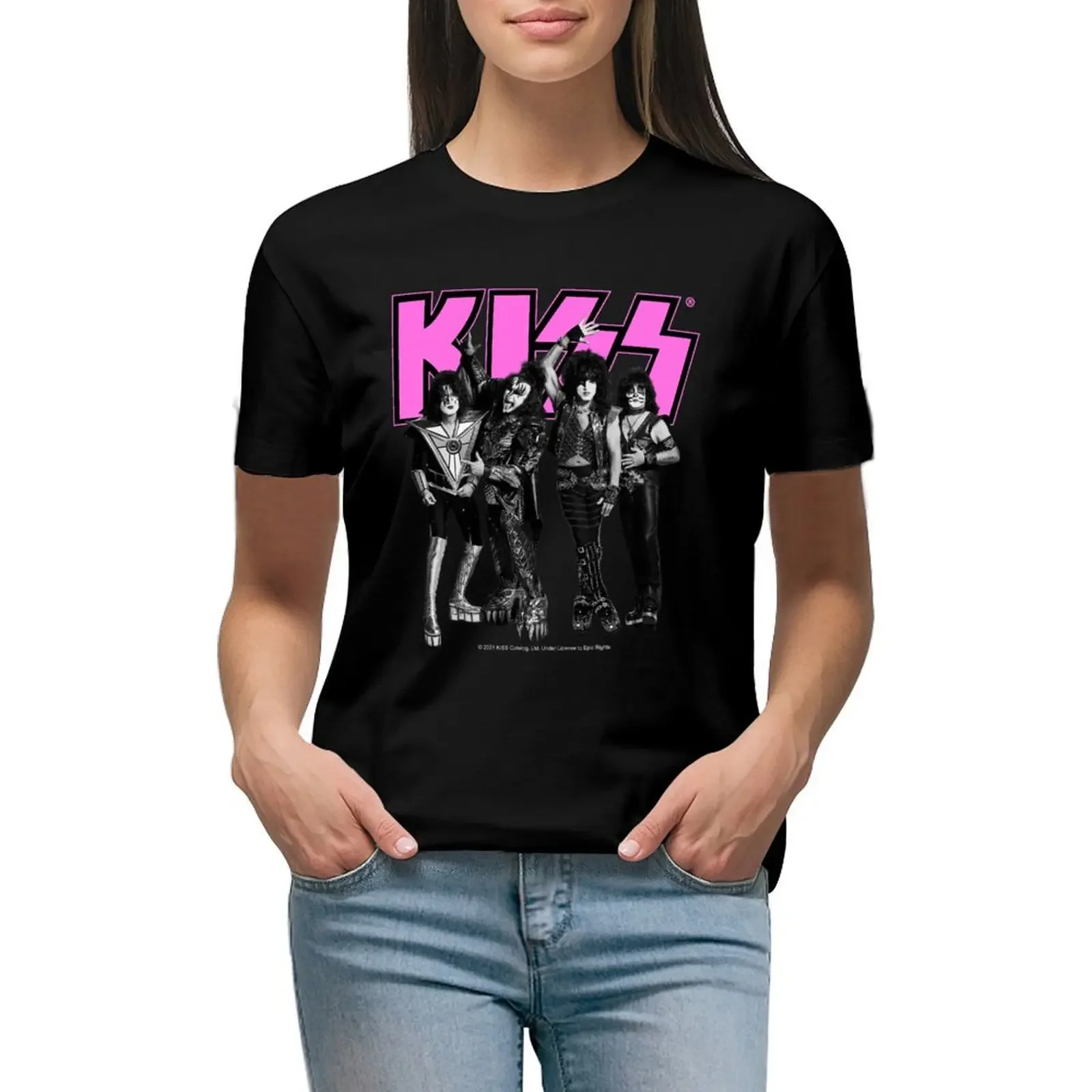 

KISS  The Band - Pink, Black and White Version T-Shirt animal print summer top quick-drying blanks graphic t-shirts for Women