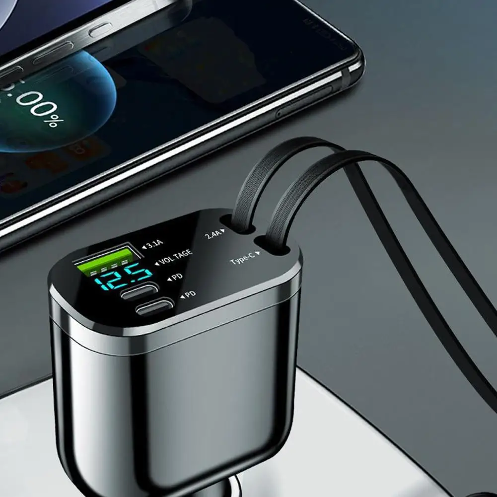 

5 in 1 Car Charger Retractable Car Cigarette Lighter Adapter 360° Rotation Type C Cable For IPhone Sams D2N3