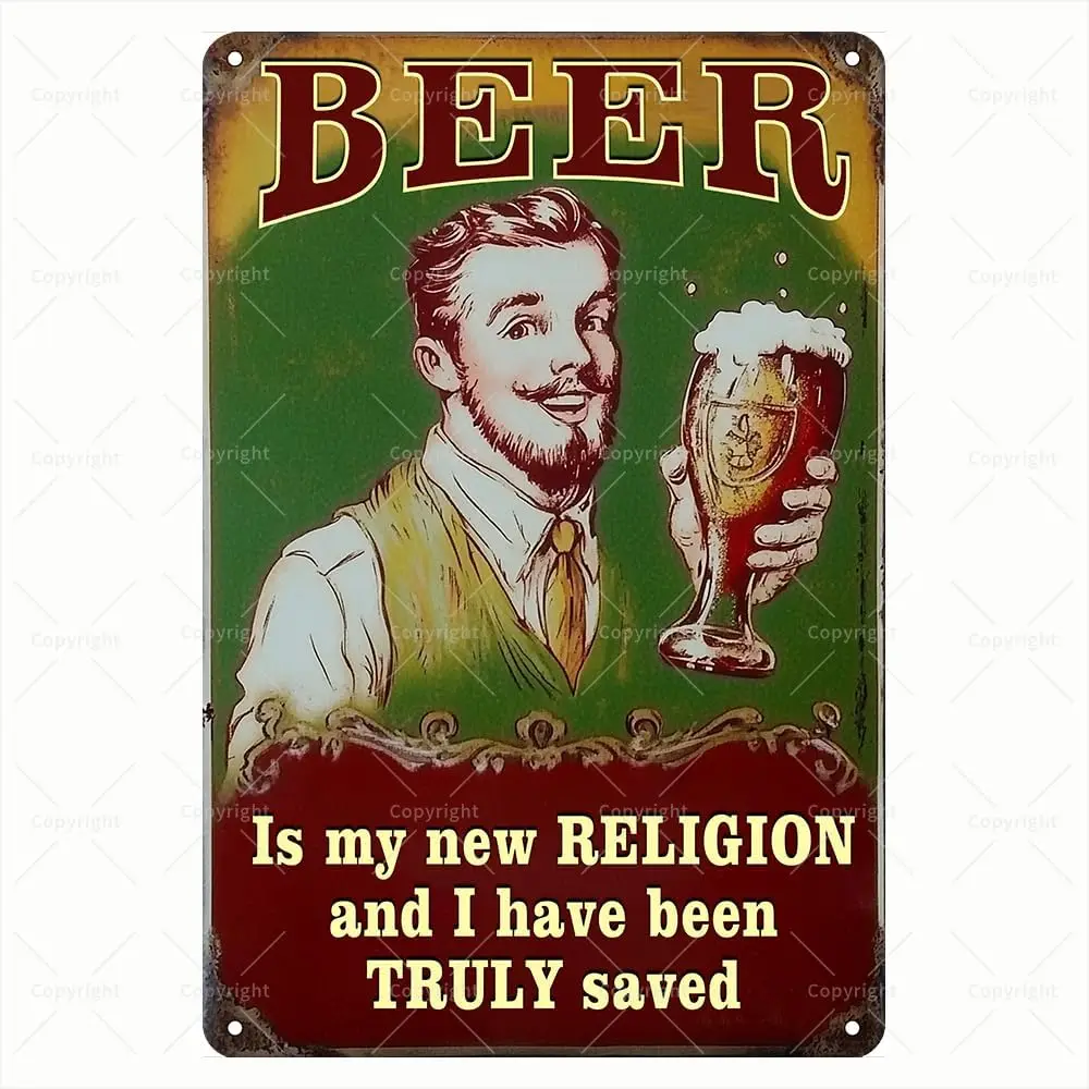 Humorous Metal Sign - Beer Is My New Religion and I Have Been Truly Saved Vintage Wall Decor for Bar/Kitchen/Man Cave - Beer-The