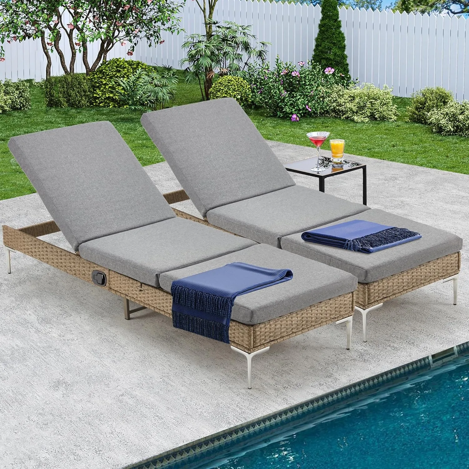 Outdoor Chaise Lounge Set of 2, Patio Wicker Chair with Adjustable Backrest, Rattan Pool Sunbathing Chair Suitable