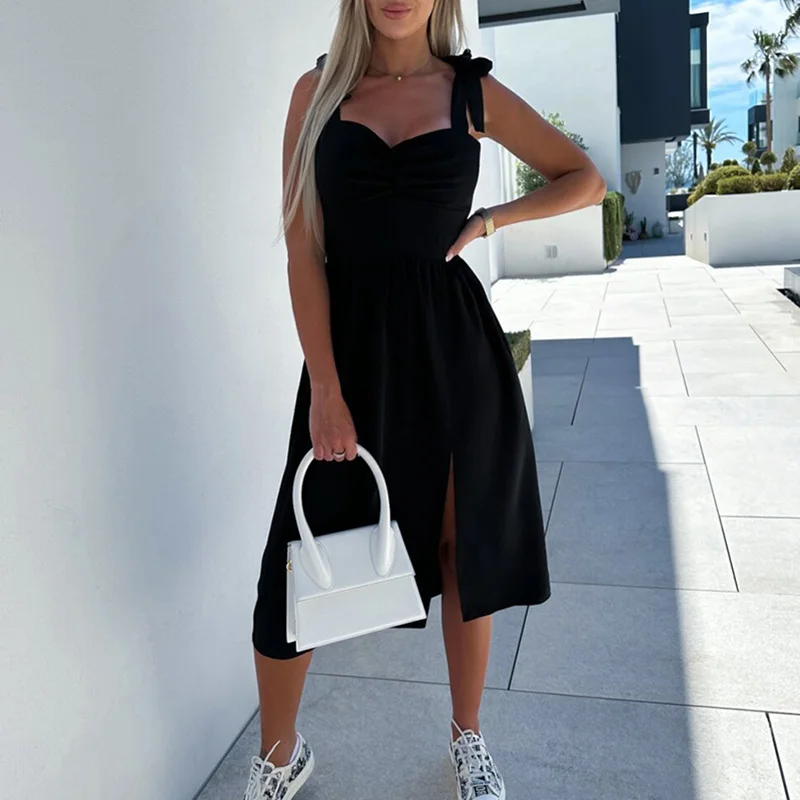 Elegant Bow Sling Pleated Party Dress Spring Beach Loose Split Long Dress Casual Summer Off Shoulder Women Solid Dresses 2023