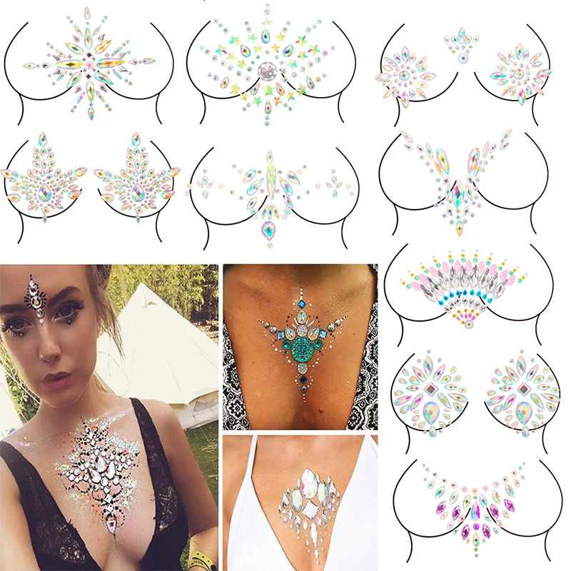 Breast Jewels Tattoo Rhinestone Chest Sticker Temporary Tattoo Glitter Breast Body Gems Tattoo Sticker Body Decor Jewel Paste