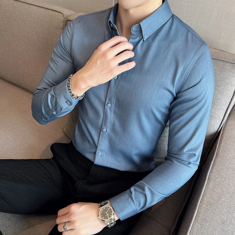 Longsleeve Shirts for Men 2022 Spring New High Quality Business Casual Stretch Slim Fit Solid Color Formal Shirts Mens Clothing