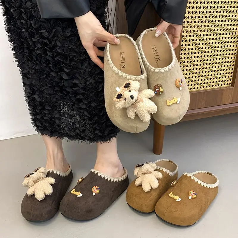 Cute Sunglasses Bear Plush Slippers for Women, Warm Fuzzy Memory Foam House Shoes, Non-slip Indoor Mule Slides for Winter