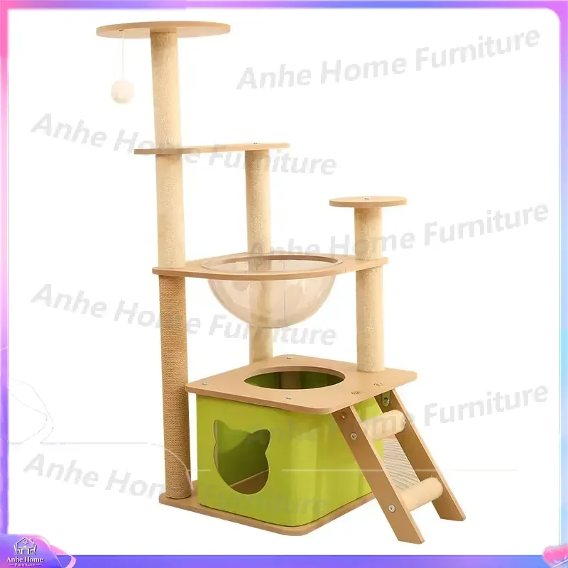 Summer Cat Climbing Frame Wooden Ladder with Sky Pillar Space Capsule Nest Toys Interactive Pet Sports Activity Play Center