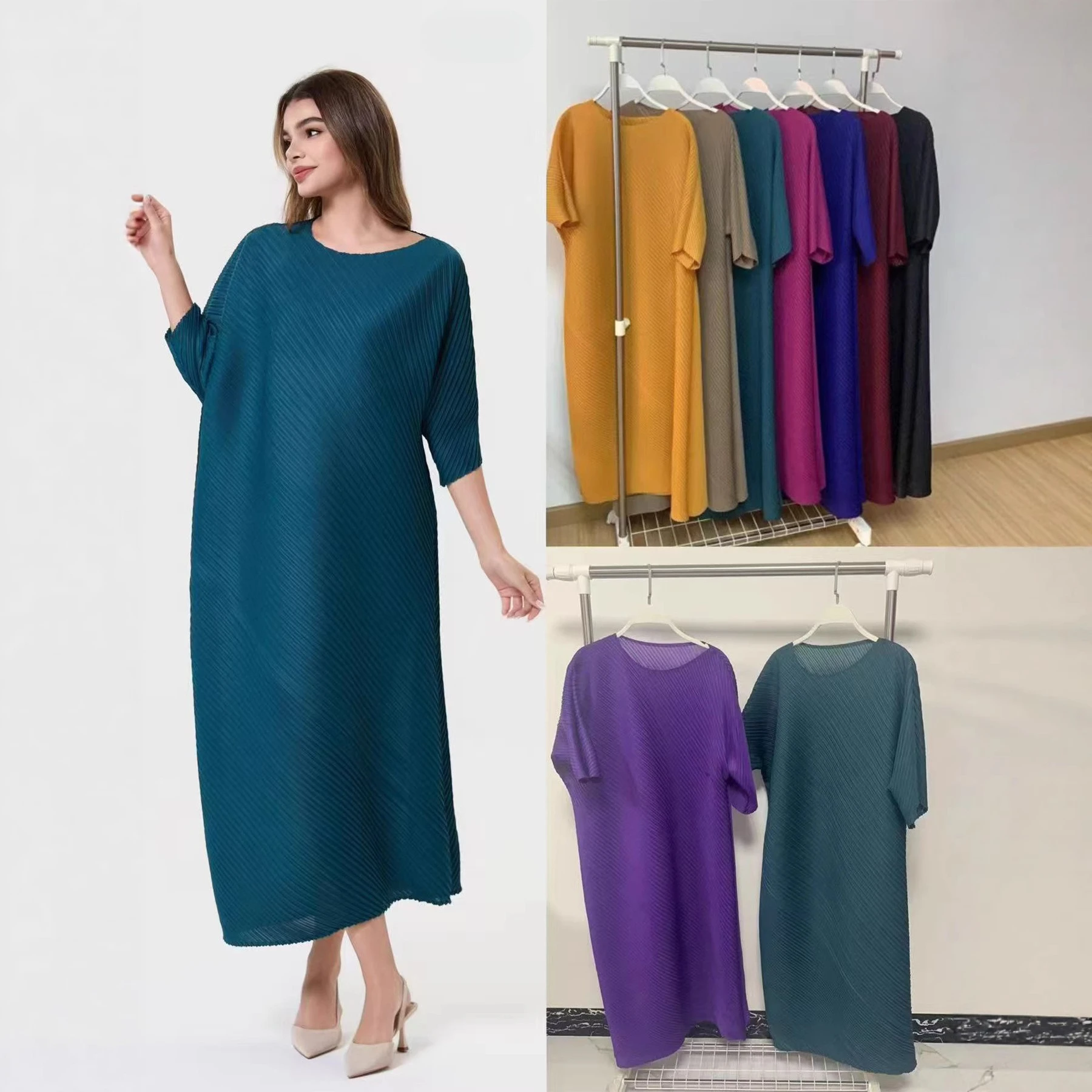 

Miyake Pleated 2025 New Dress with Three Quarter Sleeves, Round Neck, Loose and Fashionable Commuting Temperament, Long Skirt