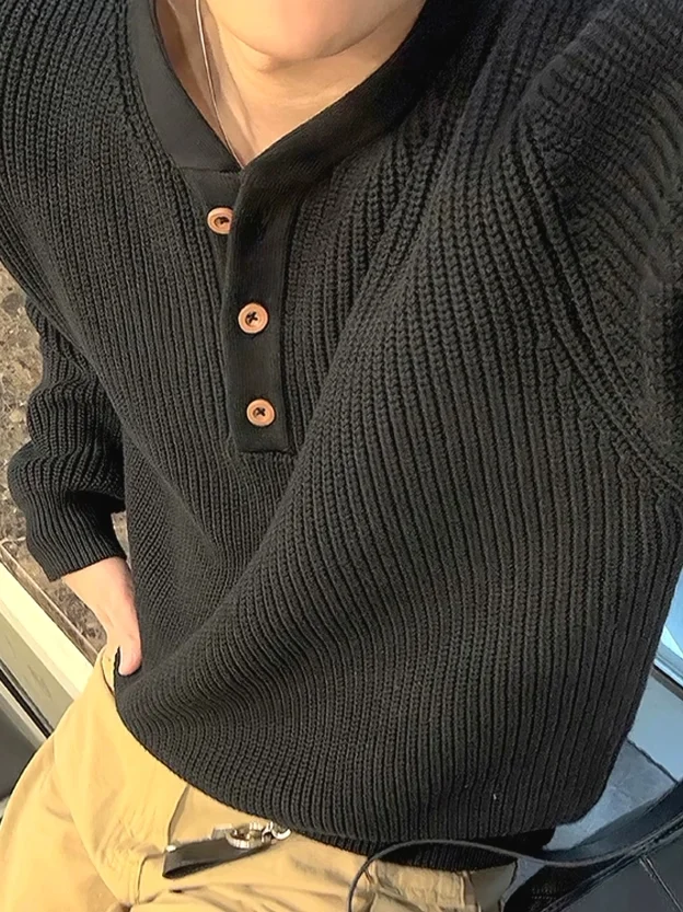 

Американский Sle Вязаный мужской клетчатый текстурированный свободный длинный свитер Свека с открытыми пуговицами, модная повседневная одежда