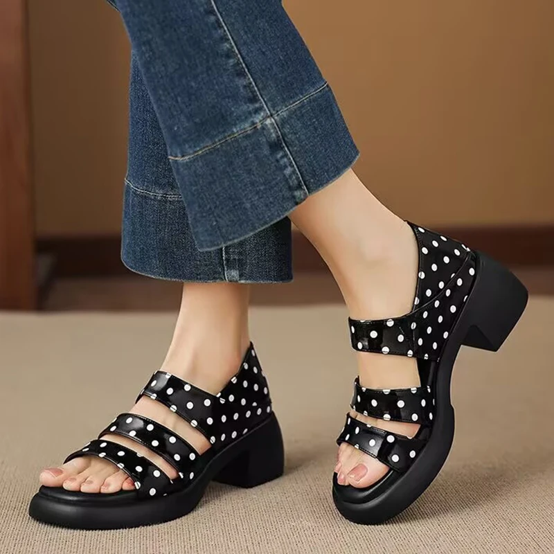

Summer Women's Polka Dot Triple Strap Open Toe Chunky Block High Heel Platform Sandals Non Slip Casual Sandals Shoes for Ladies