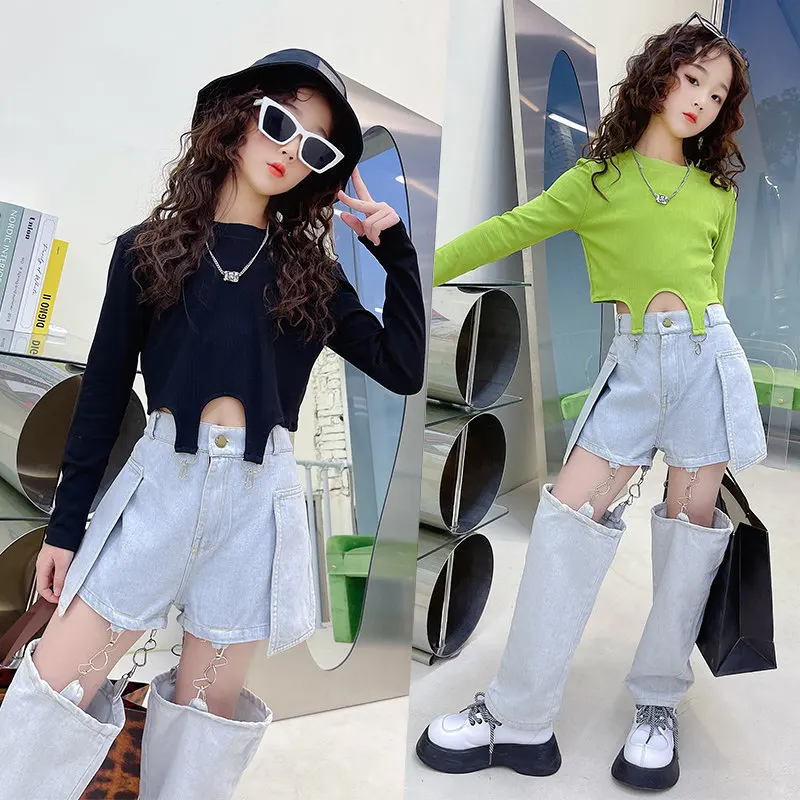 Kids Girl Hip Hop Clothing Sets Long Sleeves Crop Tops Jeans Pants with Chain New Fashion Clothes Streetwear Dance Stage Costume