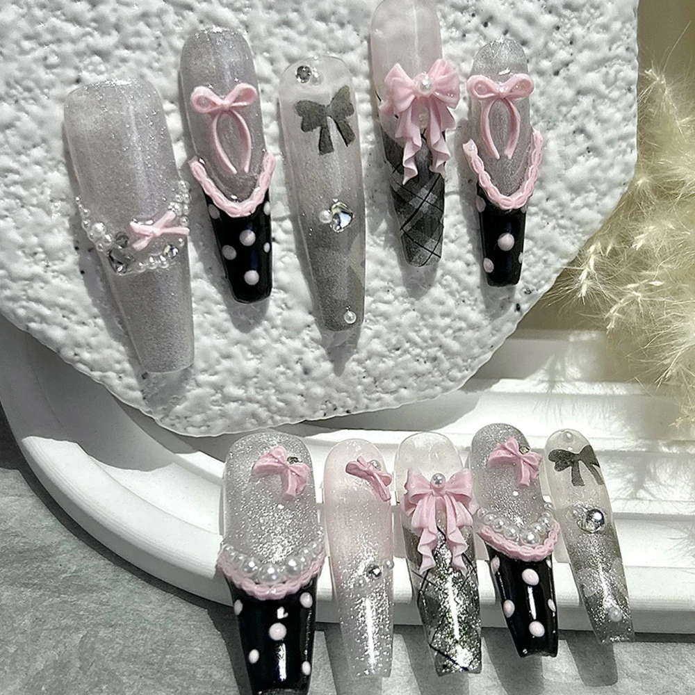 10 個 Y2K ブラックピンクフレンチ手作りプレス爪かわいいレースリボン水玉弓ロングネイルアート甘いエッジの効いたグリッター偽爪