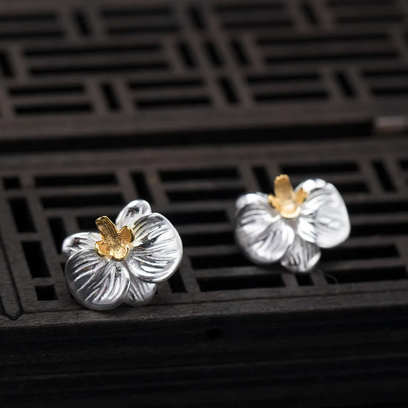 Lotus Fun 925 Sterling Silver Vintage Delicate Phalaenopsis Orchid Flower Stud Earring for Women Luxury Quality Fine Jewelry