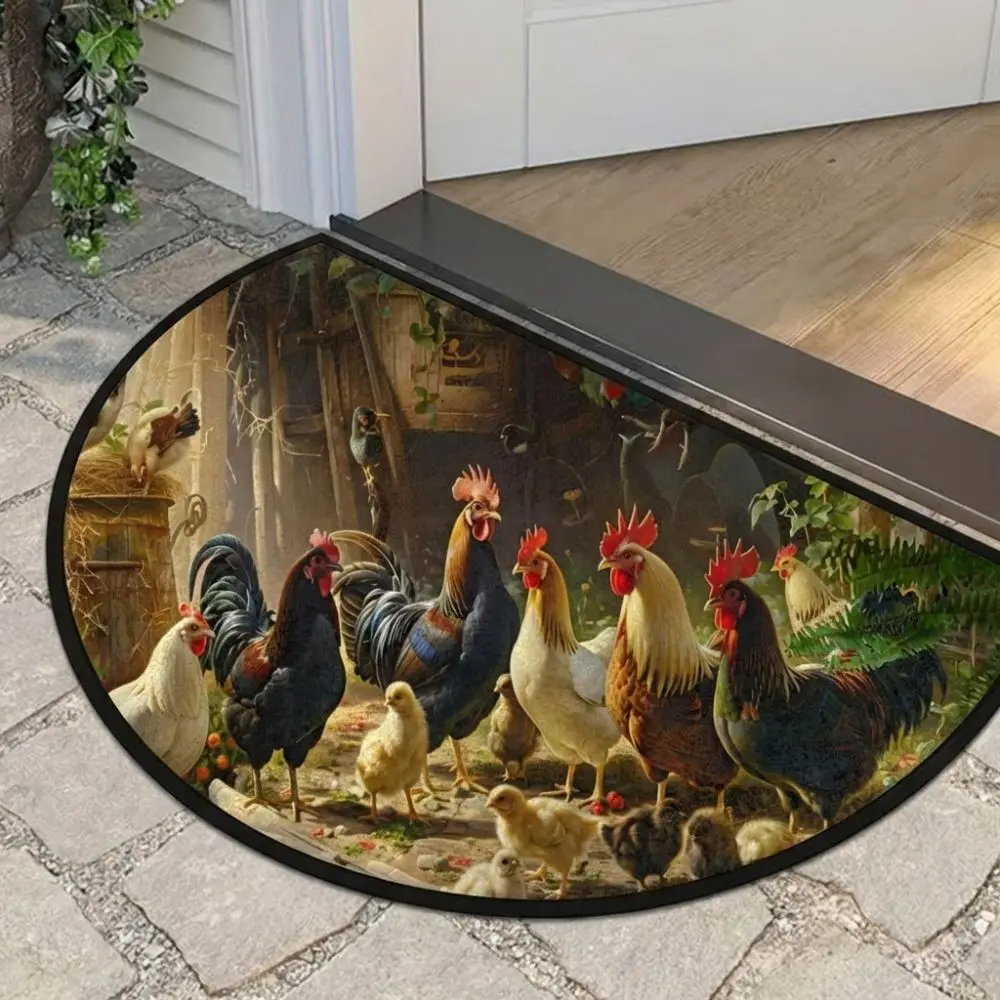 Half Round Retro Rooster Doormat Water-absorbing Abrasion-resistant Bathroom Carpet Non-slip Durable Bedroom Door Rug Home Decor