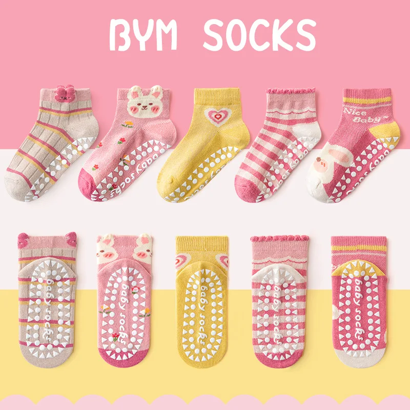 UNITIM 5Pairs/lot Baby Girls Socks 1-10Y Girls Cotton Non-slip Socks Children Girl Mesh Anti-slipping Socks Indoor Floor Socks