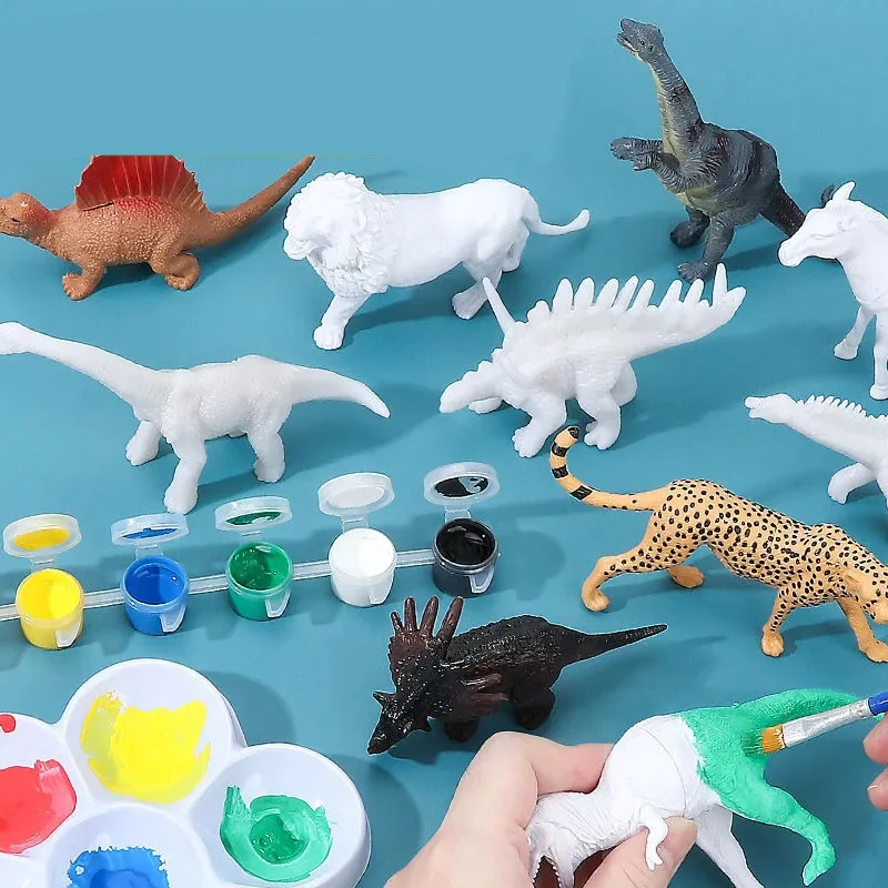 2023 New Kids Manual Painting DIY Colour Animal Figurines Dinosaurs Rainbow Pegasus Action Figures Collection Children Toys Gift